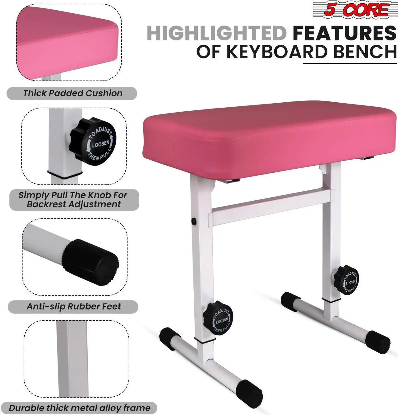 Alt view image 5 of 7 - 5 CORE Keyboard Bench Piano Stool T Style Pink Thick Padded Cushion Seat | Height Adjustable 17 to 22 inch | Keyboard Chair (PU Leather) - KBB H-ADJ PNK