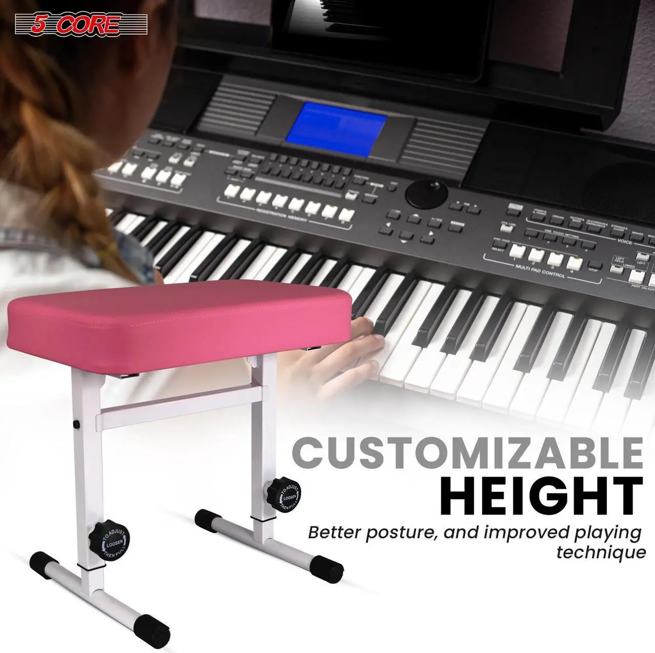 Alt view image 6 of 7 - 5 CORE Keyboard Bench Piano Stool T Style Pink Thick Padded Cushion Seat | Height Adjustable 17 to 22 inch | Keyboard Chair (PU Leather) - KBB H-ADJ PNK