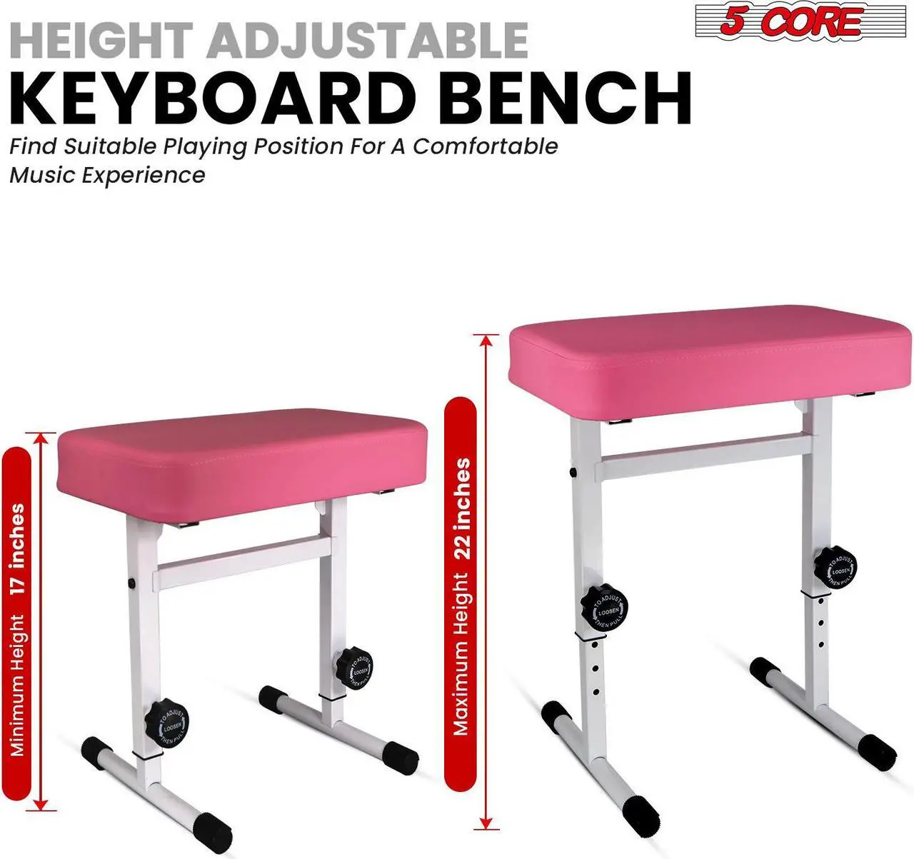 Alt view image 3 of 7 - 5 CORE Keyboard Bench Piano Stool T Style Pink Thick Padded Cushion Seat | Height Adjustable 17 to 22 inch | Keyboard Chair (PU Leather) - KBB H-ADJ PNK