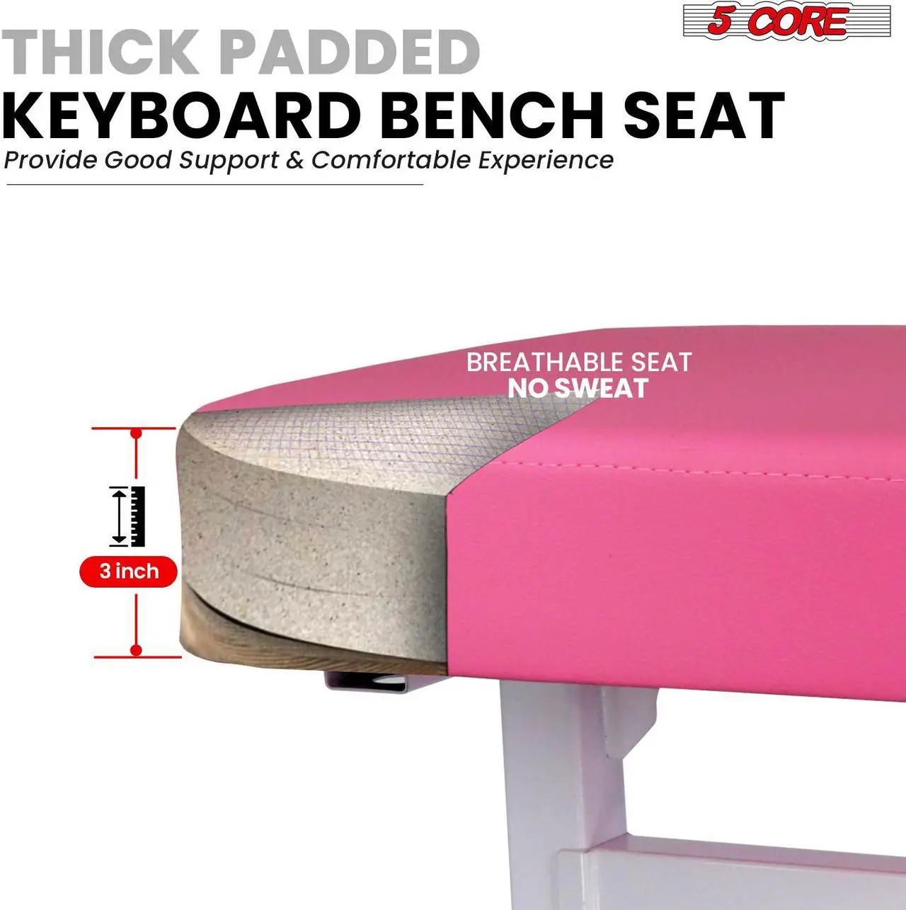 Alt view image 2 of 7 - 5 CORE Keyboard Bench Piano Stool T Style Pink Thick Padded Cushion Seat | Height Adjustable 17 to 22 inch | Keyboard Chair (PU Leather) - KBB H-ADJ PNK