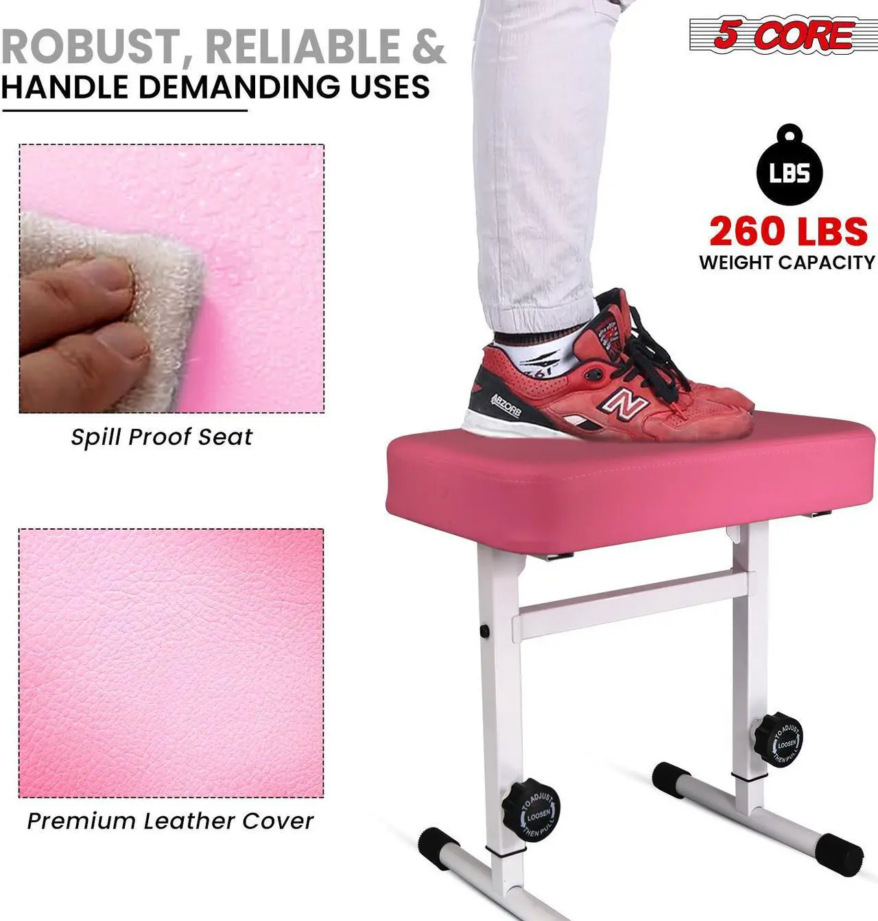 Alt view image 4 of 7 - 5 CORE Keyboard Bench Piano Stool T Style Pink Thick Padded Cushion Seat | Height Adjustable 17 to 22 inch | Keyboard Chair (PU Leather) - KBB H-ADJ PNK