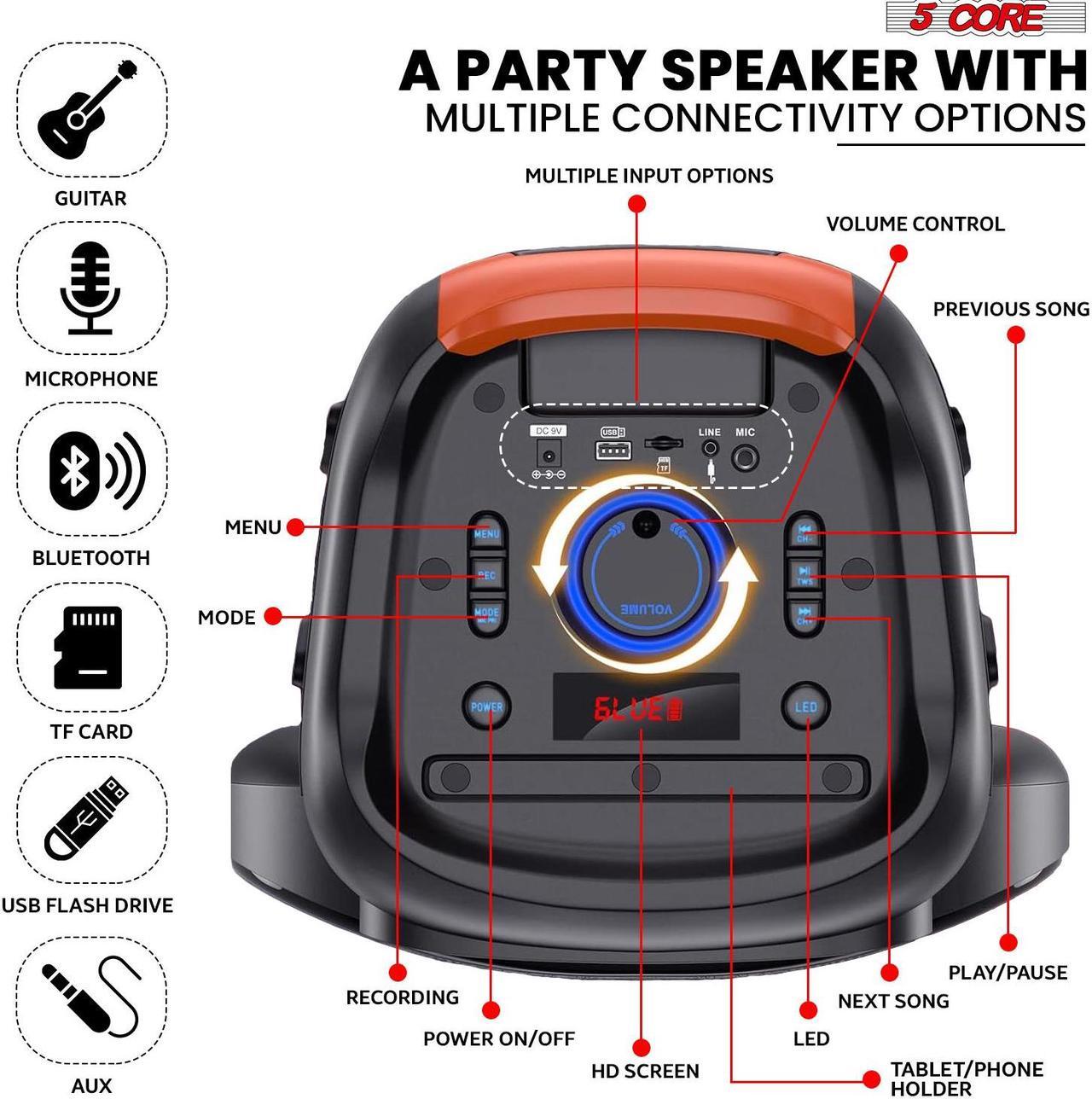 Alt view image 3 of 7 - 5 Core Bluetooth Party Speaker 12 inch PA RGB Partybox Karaoke Machine + 2 Wireless Mic