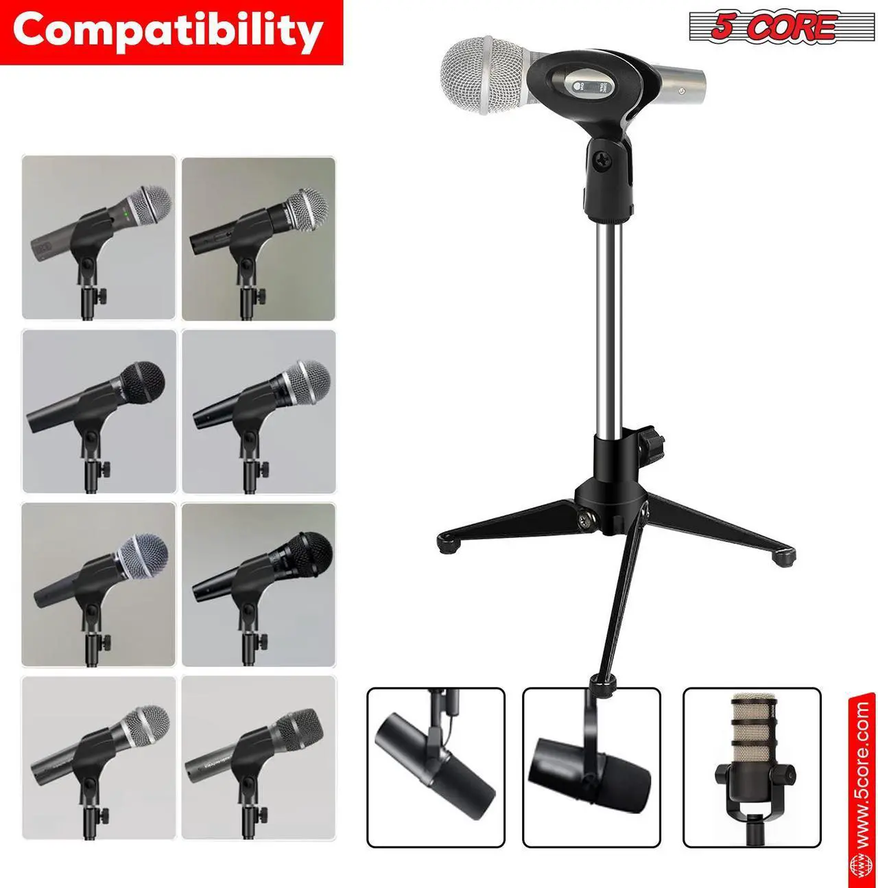 Alt view image 4 of 7 - 5 Core Desktop Mic Stand Tripod Universal Desk Microphone Holder Table Top Stands