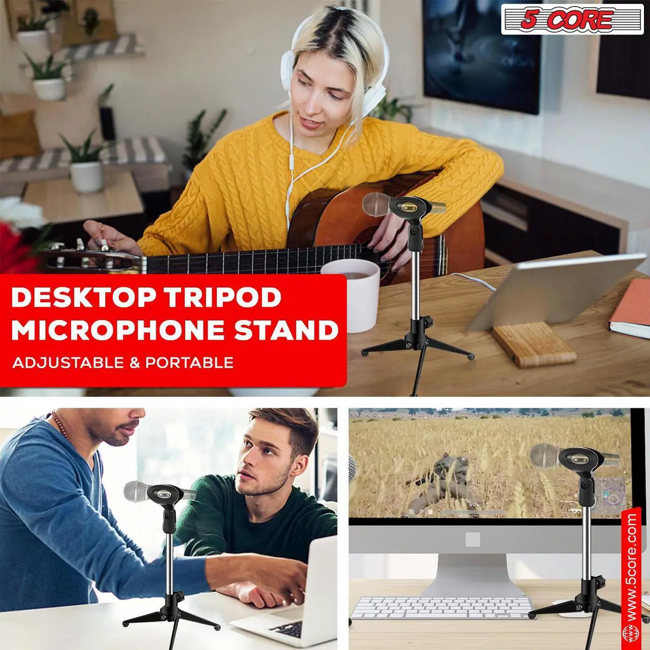 Alt view image 2 of 7 - 5 Core Desktop Mic Stand Tripod Universal Desk Microphone Holder Table Top Stands