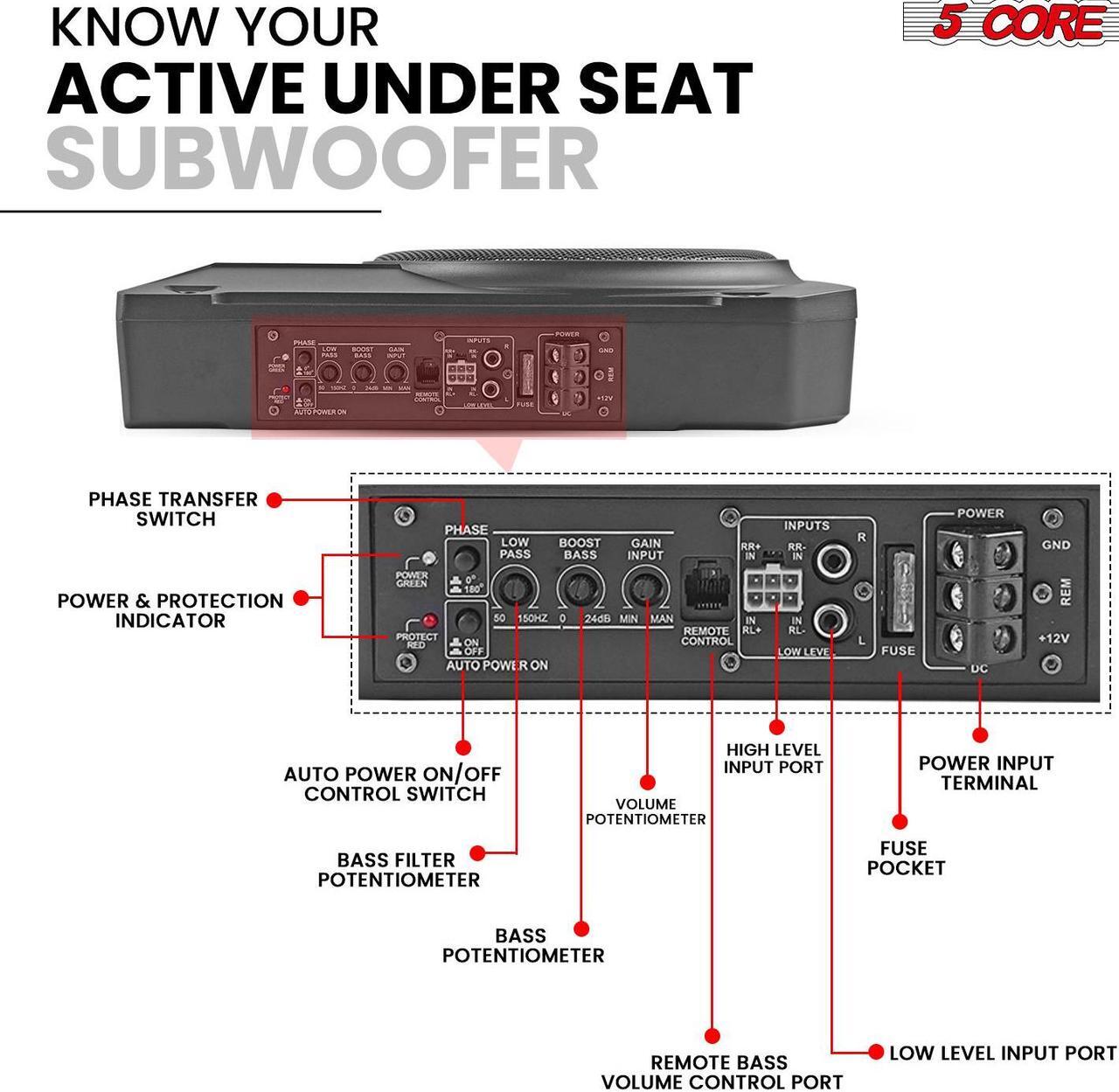 Alt view image 3 of 7 - 5 Core Inc. 10 inch Slim Under Seat Car Audio Subwoofer 800W Active Powered Under-Seat Built in Amplifier Truck Sub Woofer in Enclosure Box + Wiring Kit & Remote Control BTUBE UNDR ST 150