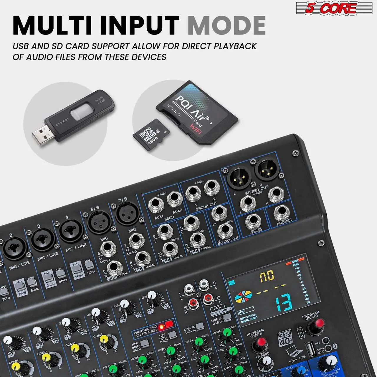 Alt view image 5 of 7 - 5 Core Audio Dj Mixer 12 Channel Professional Stereo Sound Board Console w 99 DSP Effect USB 48V Phantom Power for Studio Recording Podcasting DJ Show - MX 12CH XU