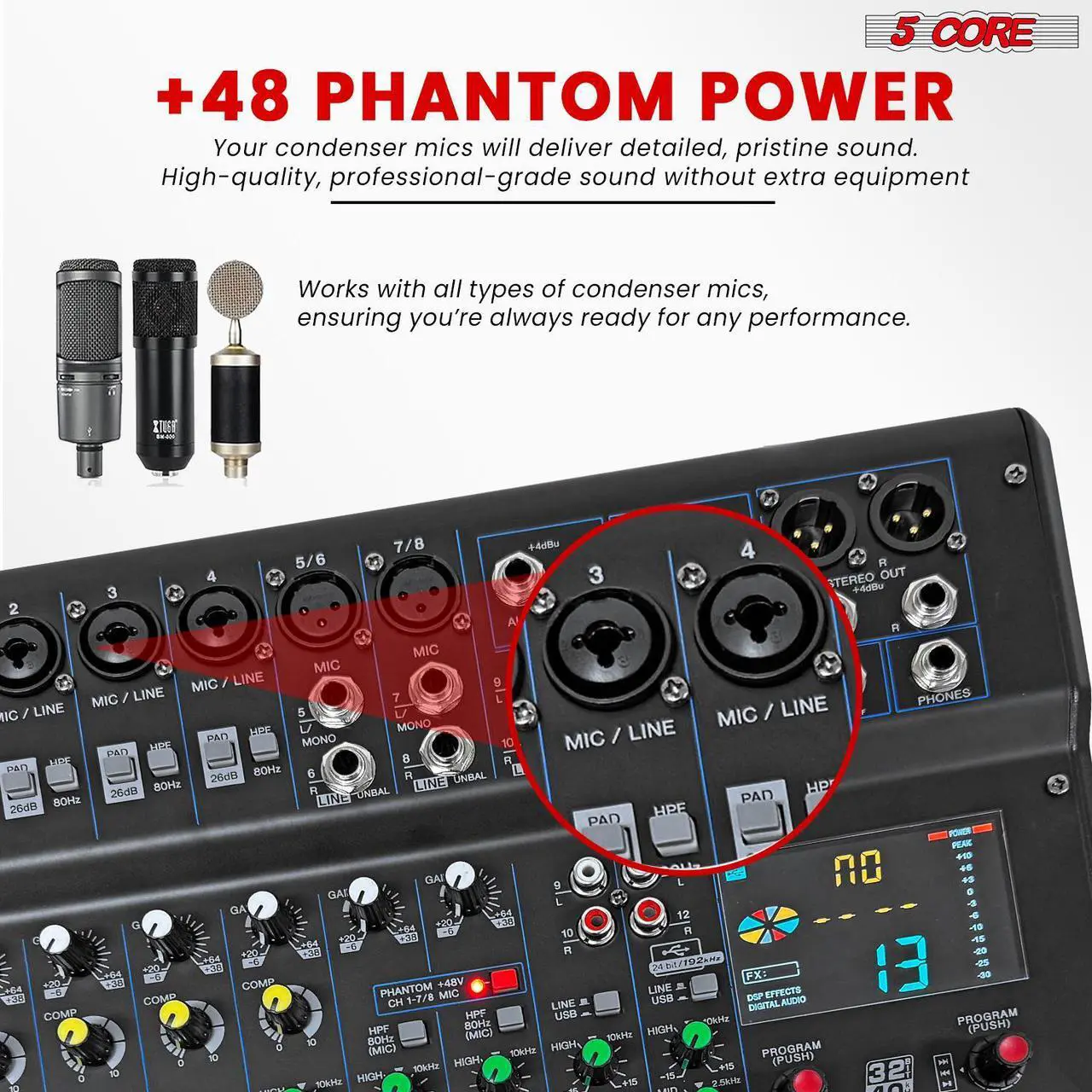 Alt view image 6 of 7 - 5 Core Audio Dj Mixer 12 Channel Professional Stereo Sound Board Console w 99 DSP Effect USB 48V Phantom Power for Studio Recording Podcasting DJ Show - MX 12CH XU
