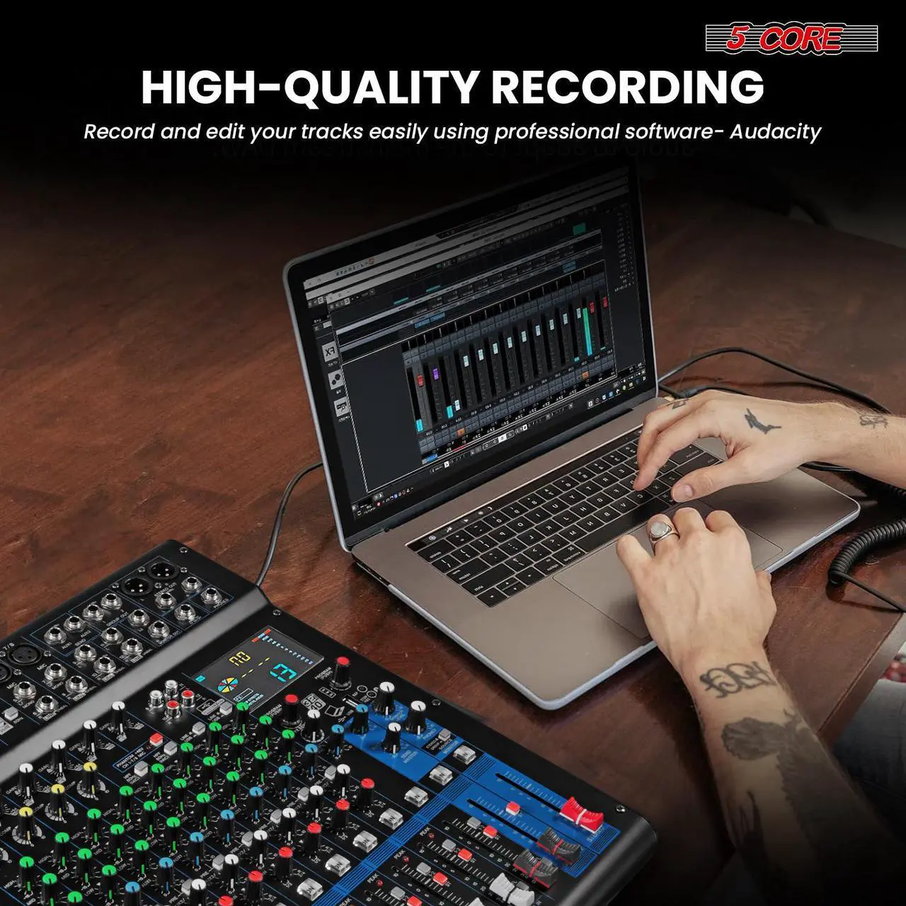 Alt view image 7 of 7 - 5 Core Audio Dj Mixer 12 Channel Professional Stereo Sound Board Console w 99 DSP Effect USB 48V Phantom Power for Studio Recording Podcasting DJ Show - MX 12CH XU