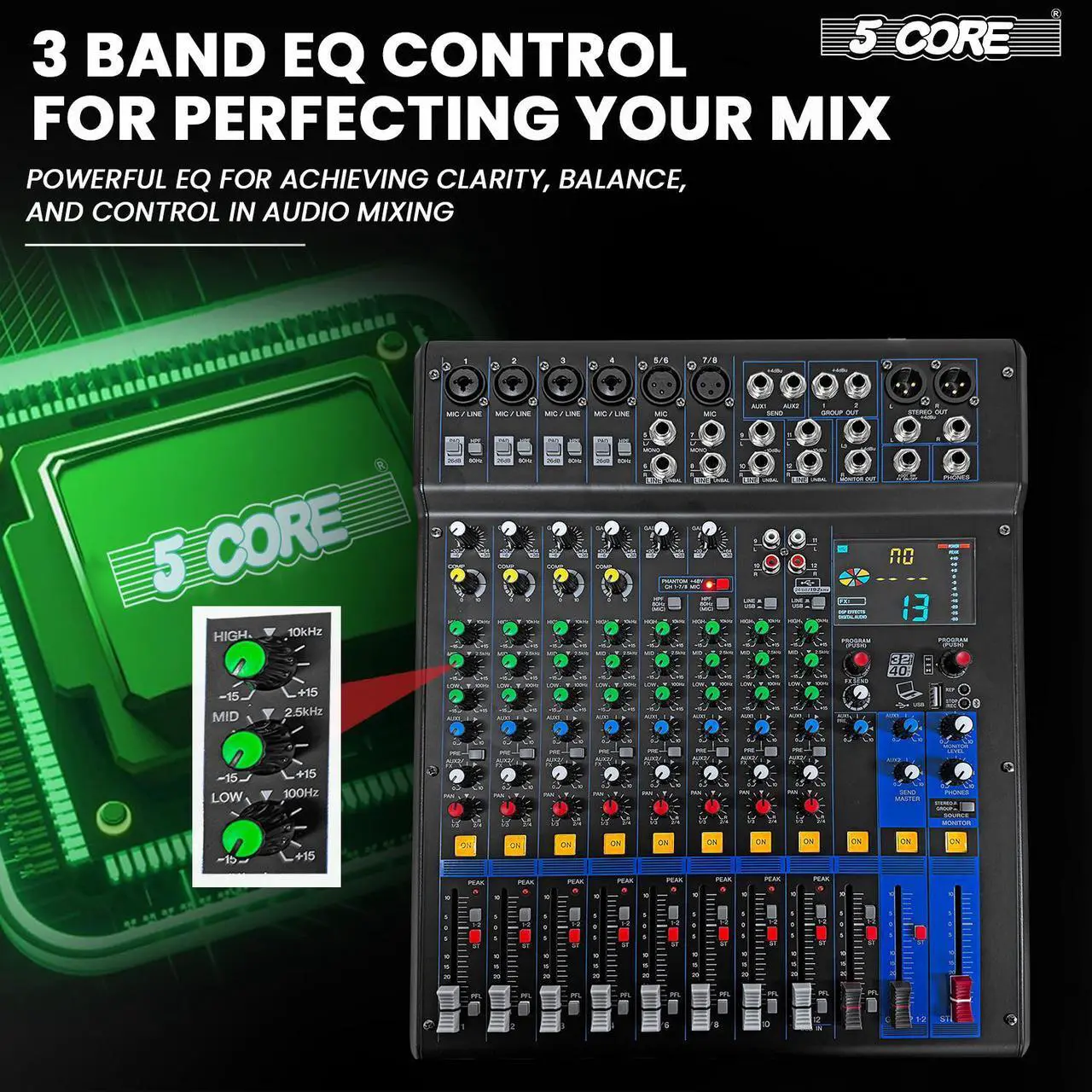 Alt view image 4 of 7 - 5 Core Audio Dj Mixer 12 Channel Professional Stereo Sound Board Console w 99 DSP Effect USB 48V Phantom Power for Studio Recording Podcasting DJ Show - MX 12CH XU