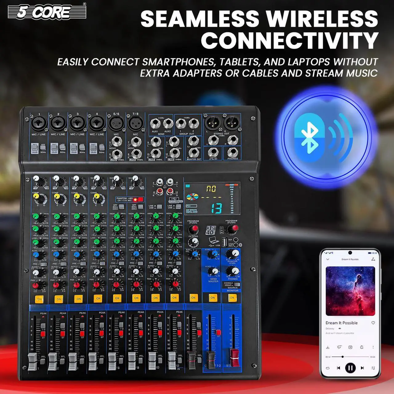 Alt view image 3 of 7 - 5 Core Audio Dj Mixer 12 Channel Professional Stereo Sound Board Console w 99 DSP Effect USB 48V Phantom Power for Studio Recording Podcasting DJ Show - MX 12CH XU
