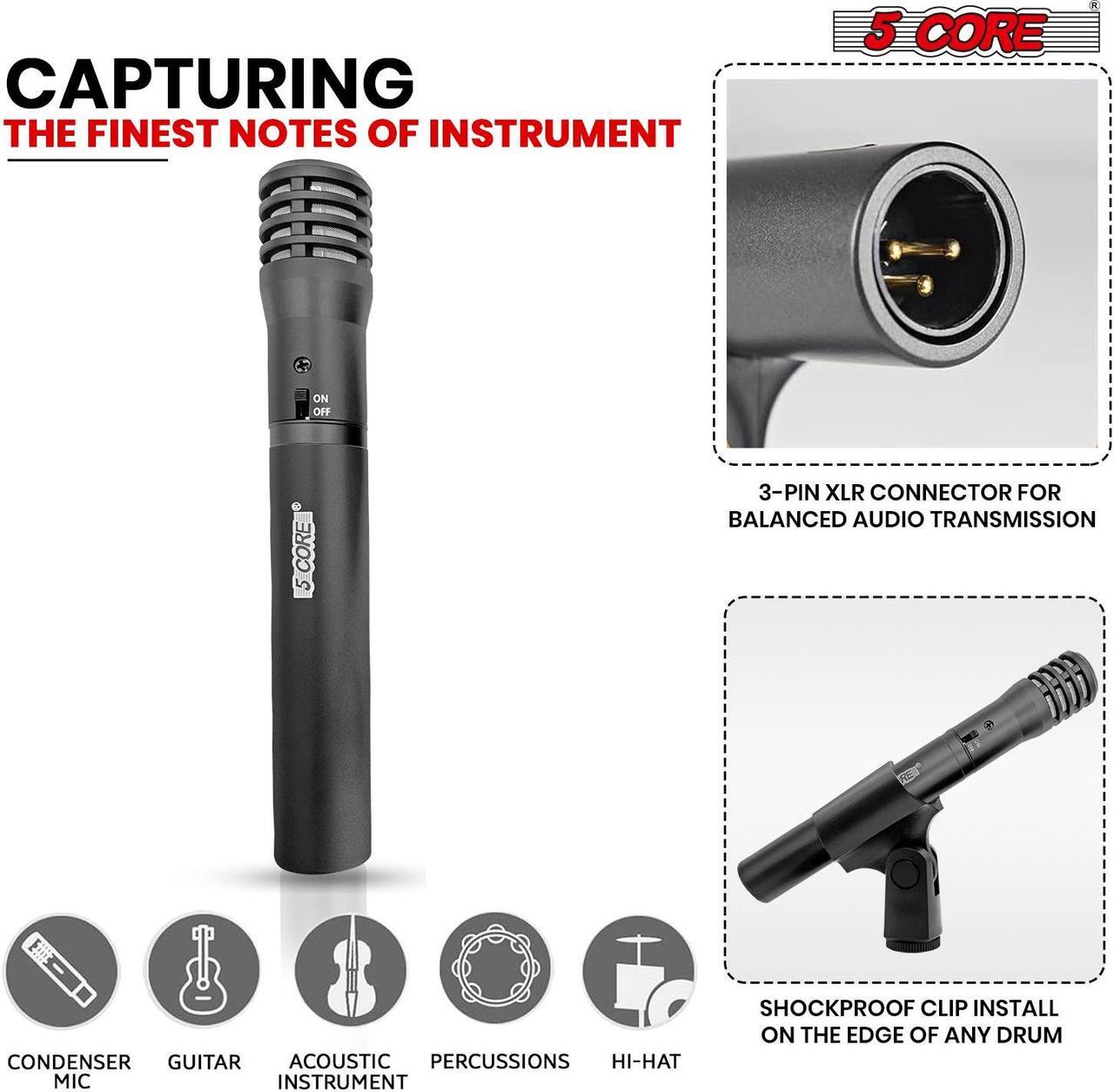 Alt view image 3 of 7 - 5 Core Professional Instrument Microphone Pencil Mic Condenser Cardioid Unidirectional Stick Microfono with Windscreen Mic Clip & Case INSTRU MIC 100 BLK