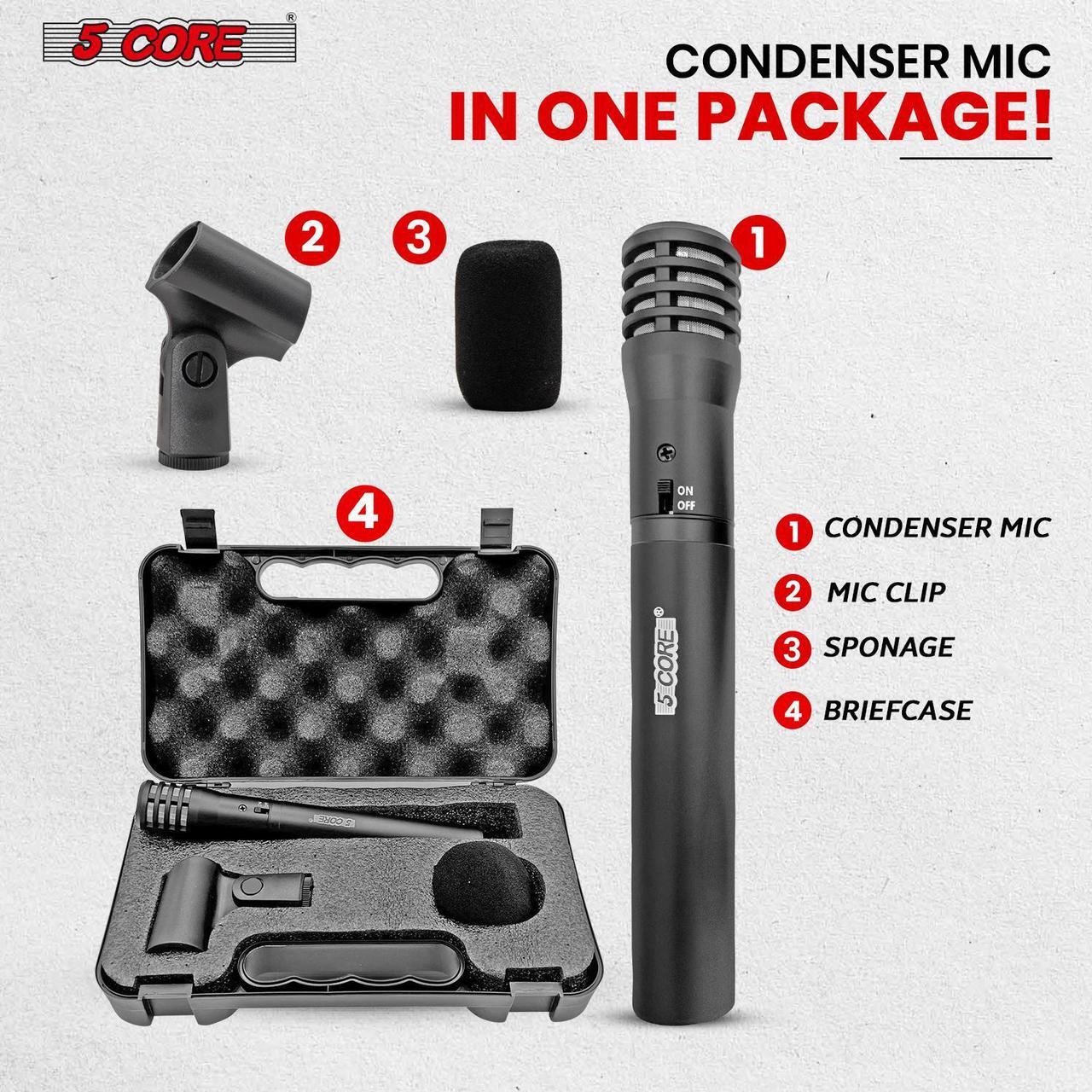 Alt view image 5 of 7 - 5 Core Professional Instrument Microphone Pencil Mic Condenser Cardioid Unidirectional Stick Microfono with Windscreen Mic Clip & Case INSTRU MIC 100 BLK