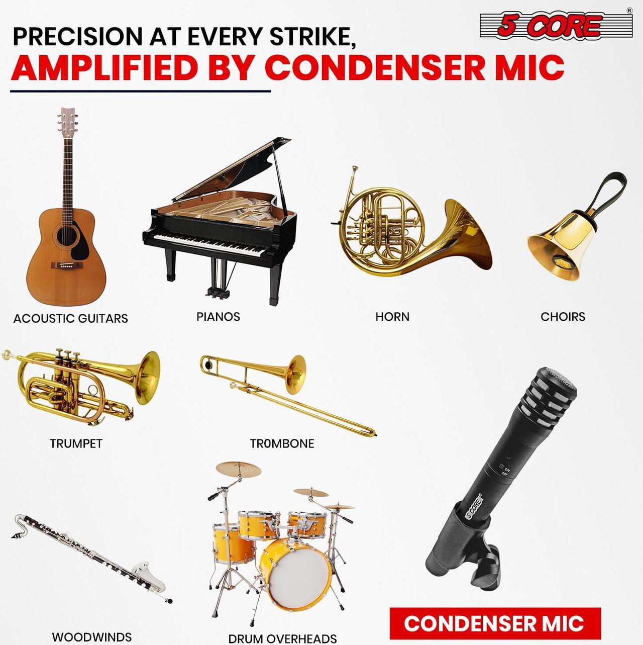 Alt view image 7 of 7 - 5 Core Professional Instrument Microphone Pencil Mic Condenser Cardioid Unidirectional Stick Microfono with Windscreen Mic Clip & Case INSTRU MIC 100 BLK