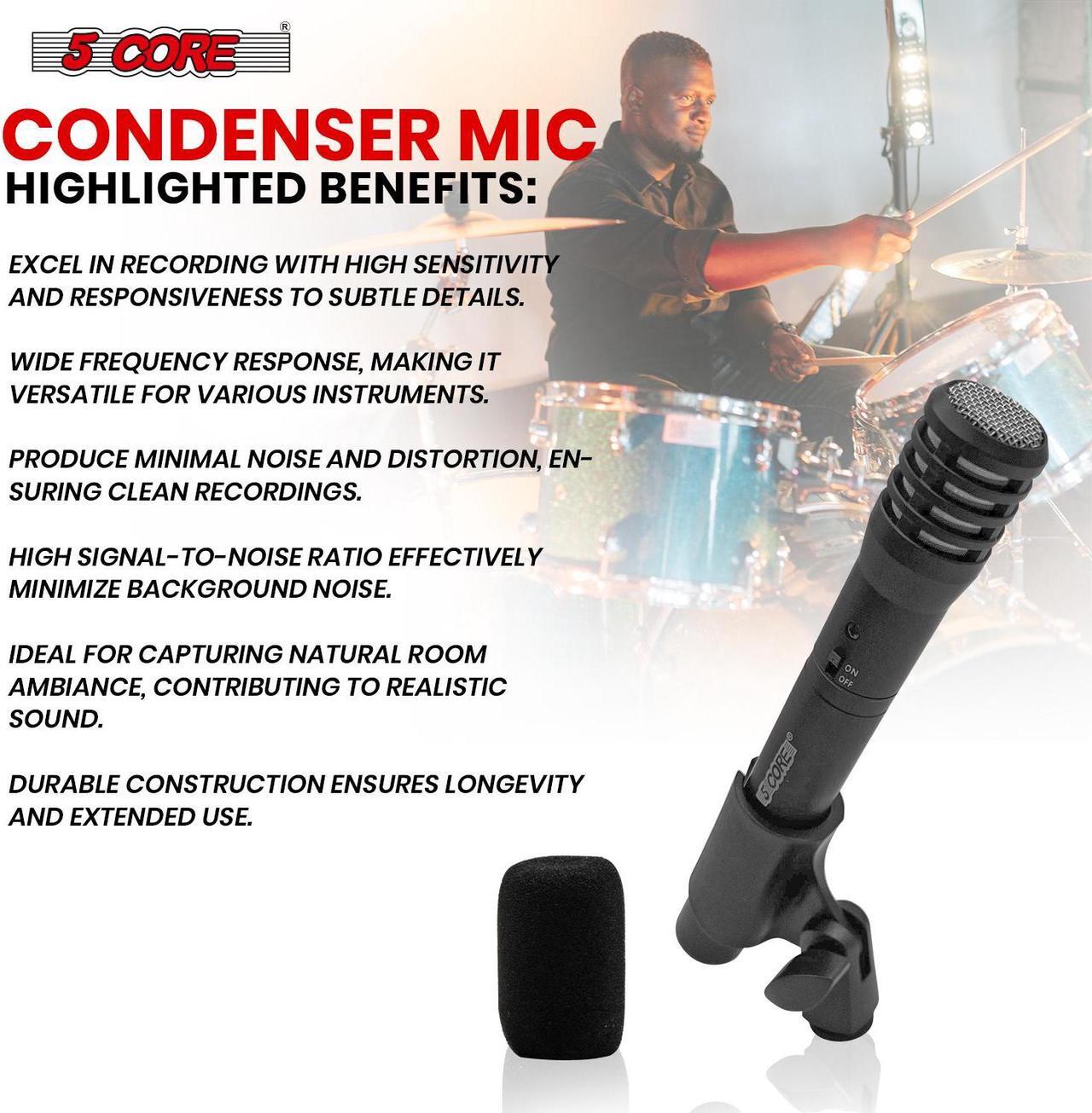 Alt view image 6 of 7 - 5 Core Professional Instrument Microphone Pencil Mic Condenser Cardioid Unidirectional Stick Microfono with Windscreen Mic Clip & Case INSTRU MIC 100 BLK