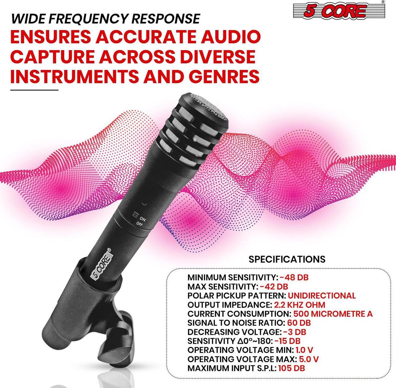Alt view image 2 of 7 - 5 Core Professional Instrument Microphone Pencil Mic Condenser Cardioid Unidirectional Stick Microfono with Windscreen Mic Clip & Case INSTRU MIC 100 BLK
