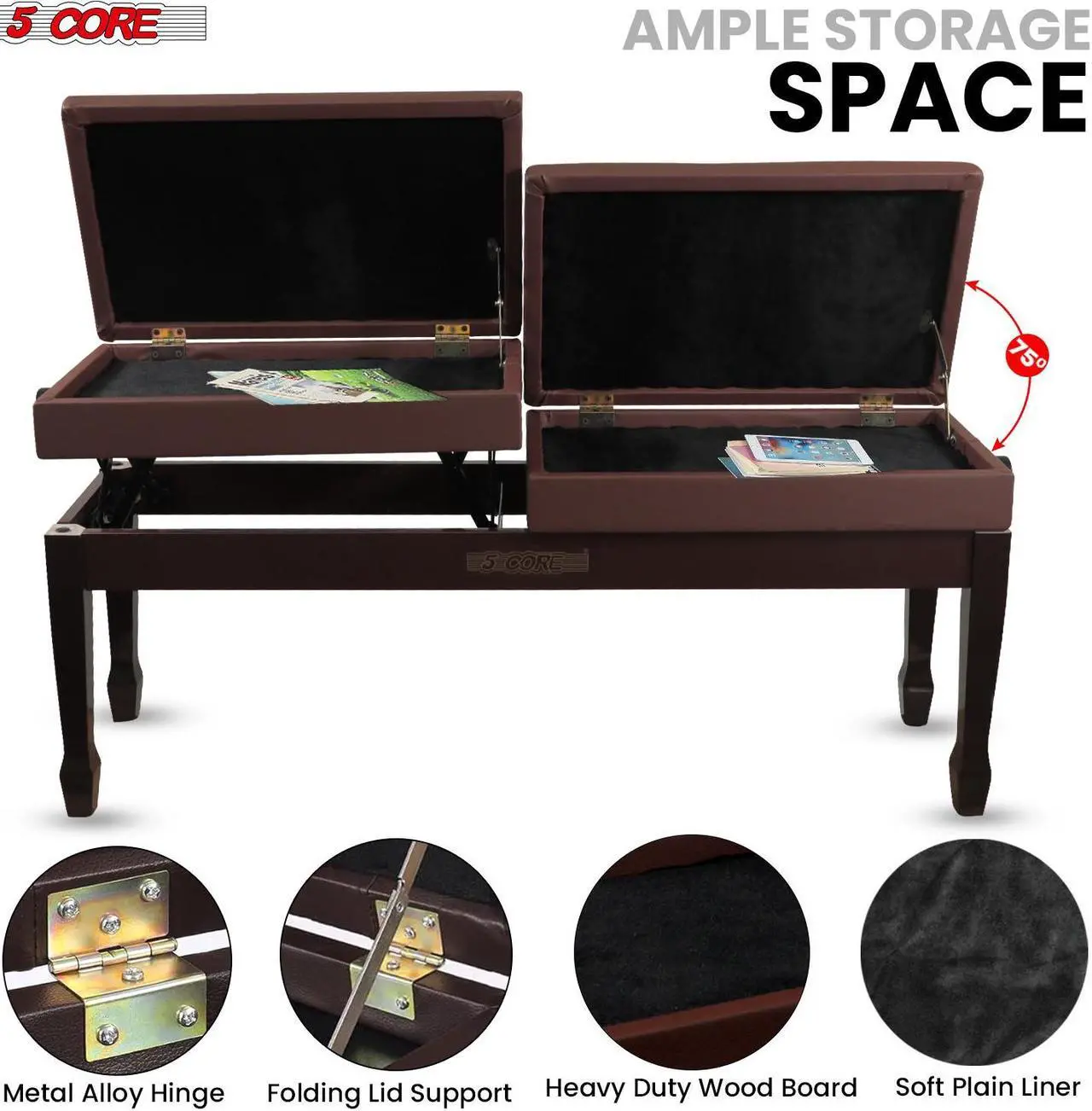 Alt view image 5 of 7 - 5 Core Duet Piano Bench w Storage For Two Wooden yamaha Adjustable Keyboard Stool - Adults & Kids