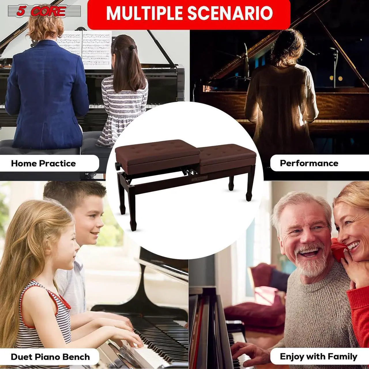 Alt view image 6 of 7 - 5 Core Duet Piano Bench w Storage For Two Wooden yamaha Adjustable Keyboard Stool - Adults & Kids