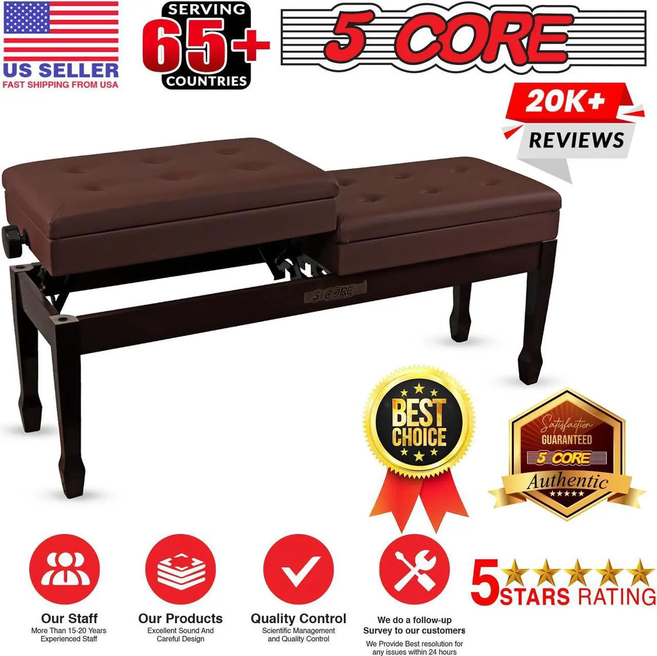 Alt view image 7 of 7 - 5 Core Duet Piano Bench w Storage For Two Wooden yamaha Adjustable Keyboard Stool - Adults & Kids
