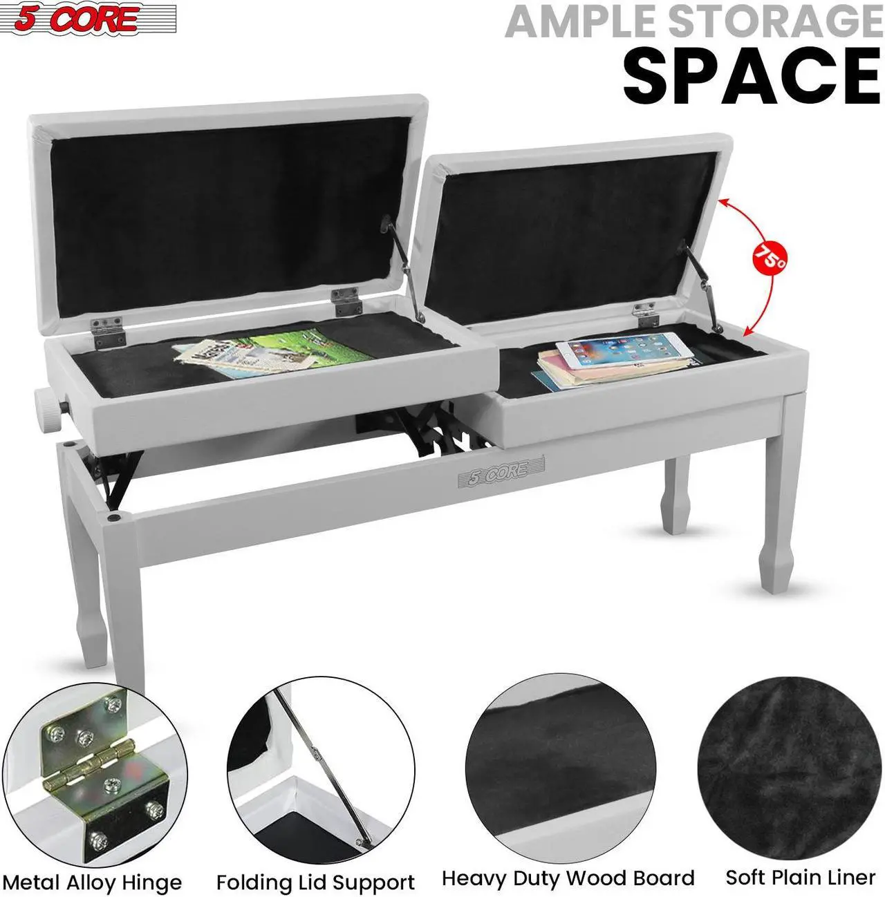 Alt view image 5 of 7 - 5 Core Duet Piano Bench w Storage For Two Wooden yamaha Adjustable Keyboard Stool - Adults & Kids