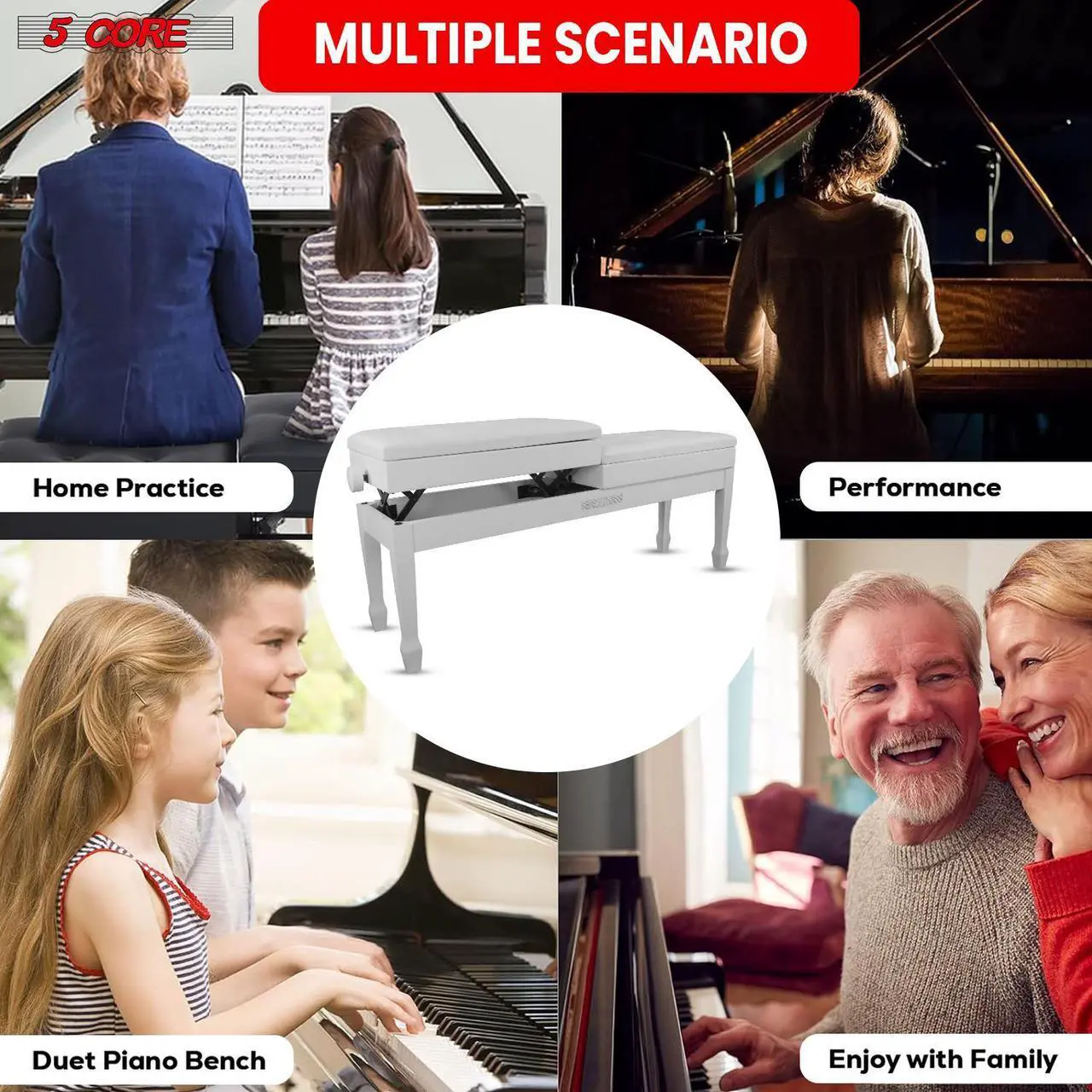 Alt view image 6 of 7 - 5 Core Duet Piano Bench w Storage For Two Wooden yamaha Adjustable Keyboard Stool - Adults & Kids
