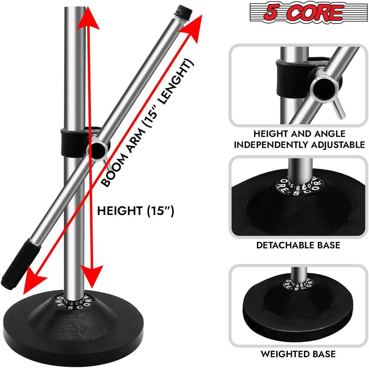 Alt view image 3 of 8 - 5 Core Desk Microphone Stand  Height & Angle Adjustable Desktop Table Mic Stand w Round Metal Base