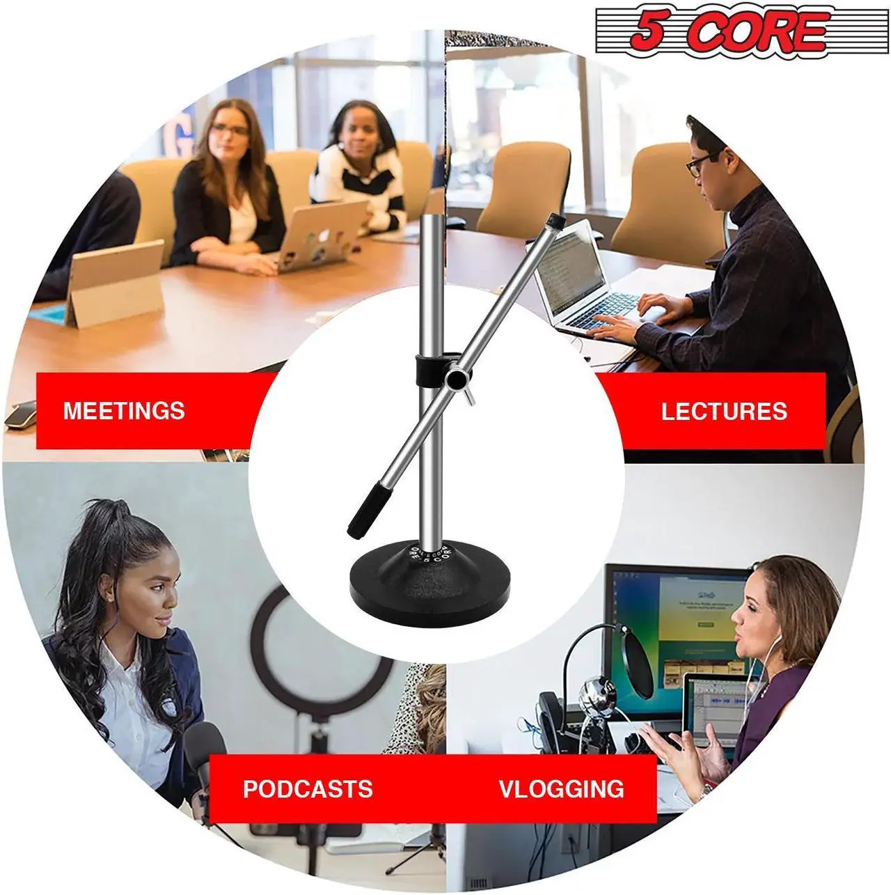Alt view image 4 of 8 - 5 Core Desk Microphone Stand  Height & Angle Adjustable Desktop Table Mic Stand w Round Metal Base