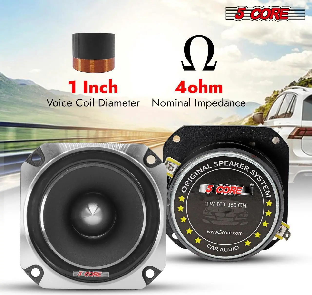 Alt view image 4 of 7 - 5 CORE Tweeters Speakers Car Audio Pair 600W Combined Peak 4 Ohm 3.5 Inch Aluminum Super Bullet Tuiters para Sonido para Carro - TW BLT 150 CH Pair