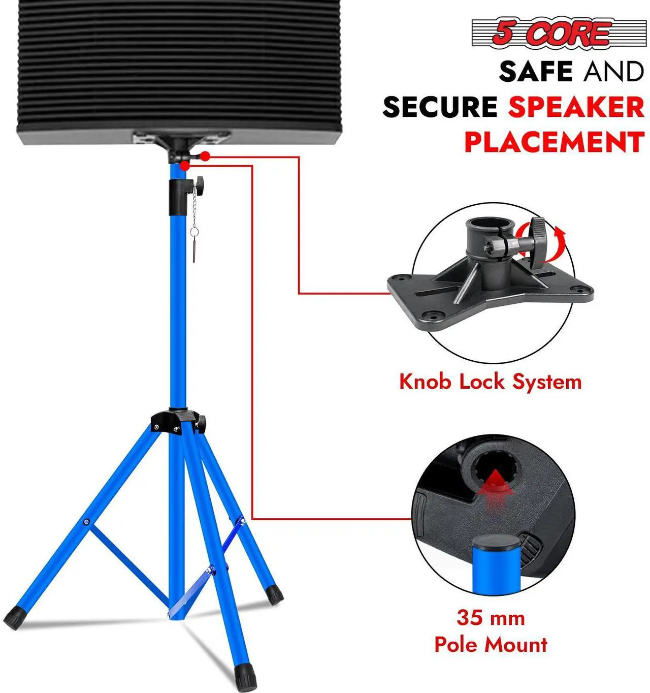 Alt view image 4 of 7 - 5 Core Speaker Stand Pair Tripod Floor Heavy Duty Adjustable Up to 72 Inch DJ Studio Monitor kanto Stands Pole Mount - SS HD 2 PK SKY BLU BAG