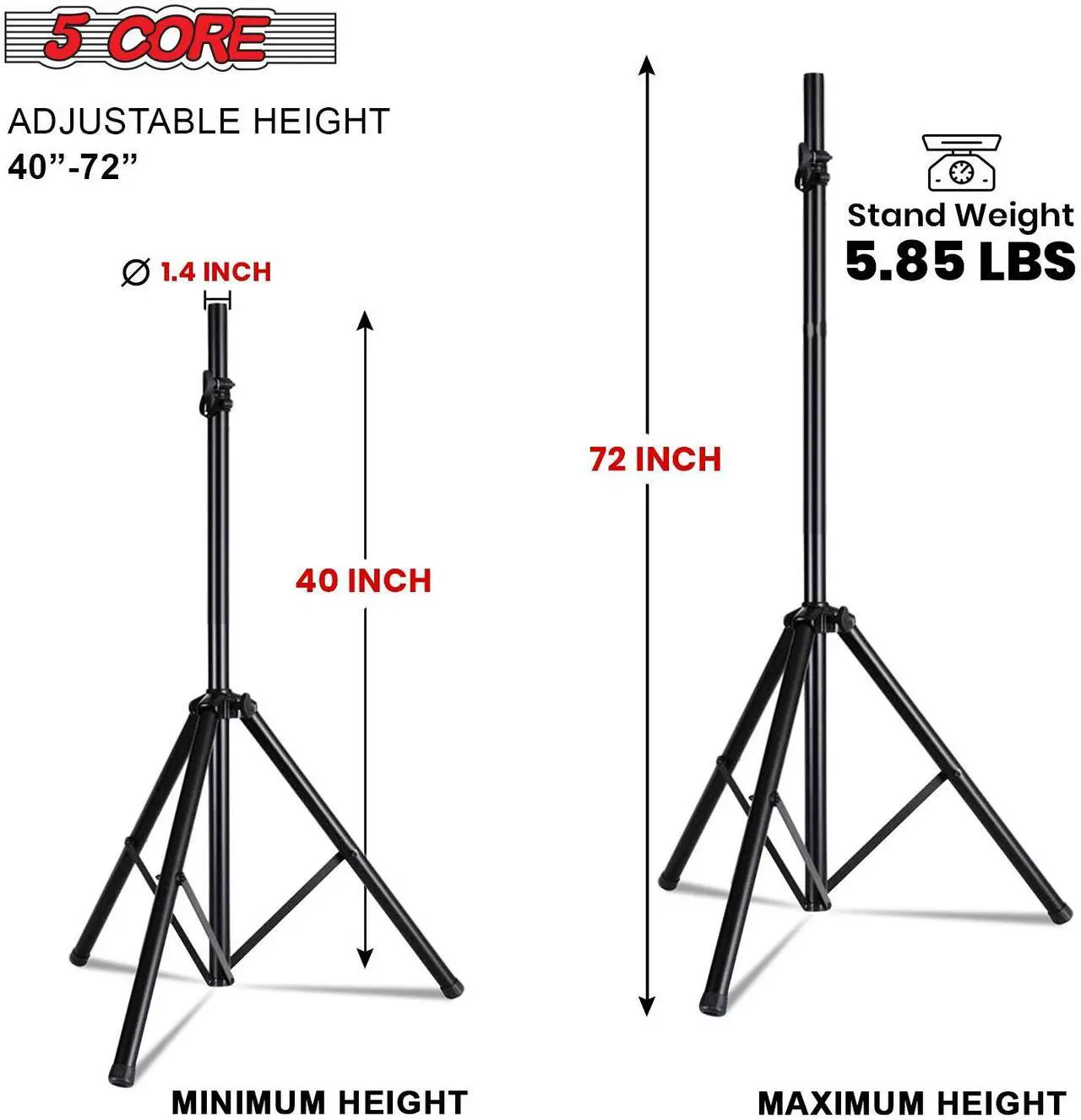 Alt view image 2 of 7 - 5 Core kanto Speaker Stand Tripod Pair Tall Height Adjustable Heavy Duty DJ Light Floor Stands Universal 35mm Pole Mount PA Studio Monitor Large Subwoofer Support - SS HD 2PK BLK BAG