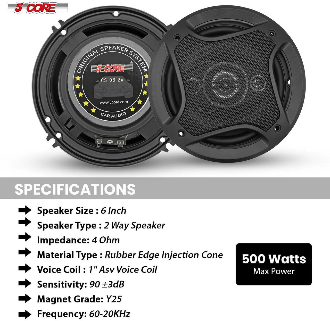 Alt view image 7 of 7 - 5 CORE 2 Way 6 Inch Car Stereo Speakers 500W Coaxial Subwoofer w Tweeter | Universal Fit Quick Easy Replacement Component Speaker Vehicle Door/Side Panel Mount Compatible Deep Bass (Pair) - CS 06 2W