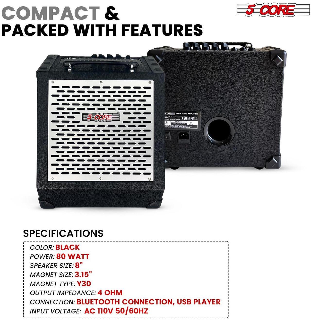 Alt view image 7 of 7 - 5 Core Electric Drum Amplifier 80W Professional Bluetooth Drumming Amp w 8 Speaker Features 3 Band EQ USB E Drum for Keyboard Speaker Black - EDA 80W BT