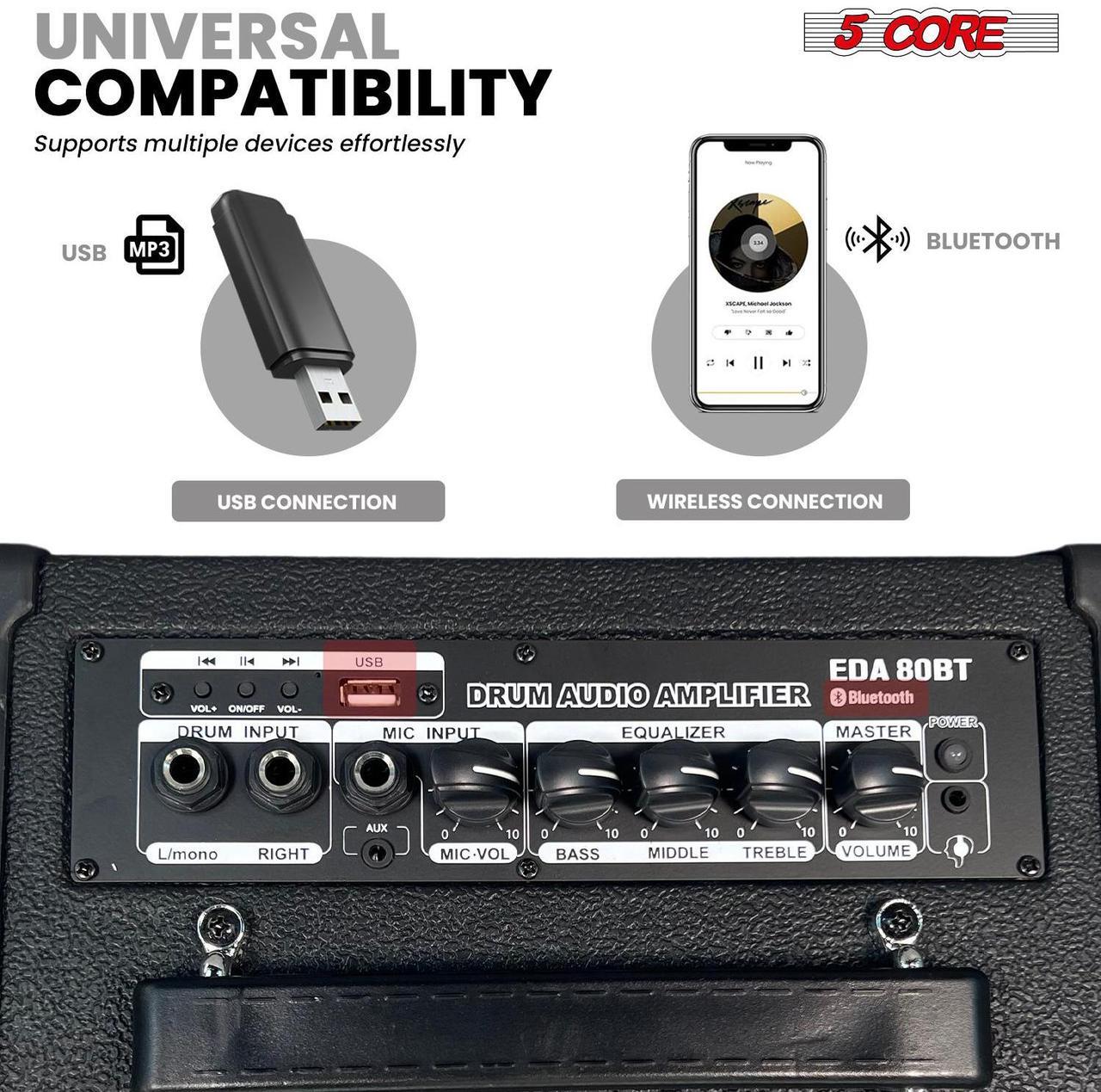 Alt view image 5 of 7 - 5 Core Electric Drum Amplifier 80W Professional Bluetooth Drumming Amp w 8 Speaker Features 3 Band EQ USB E Drum for Keyboard Speaker Black - EDA 80W BT