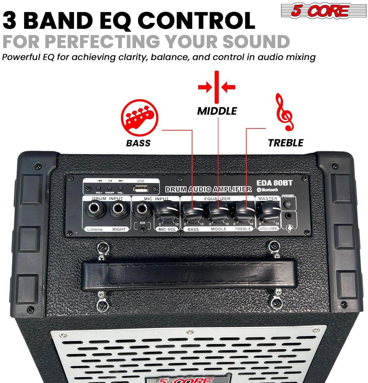 Alt view image 4 of 7 - 5 Core Electric Drum Amplifier 80W Professional Bluetooth Drumming Amp w 8 Speaker Features 3 Band EQ USB E Drum for Keyboard Speaker Black - EDA 80W BT