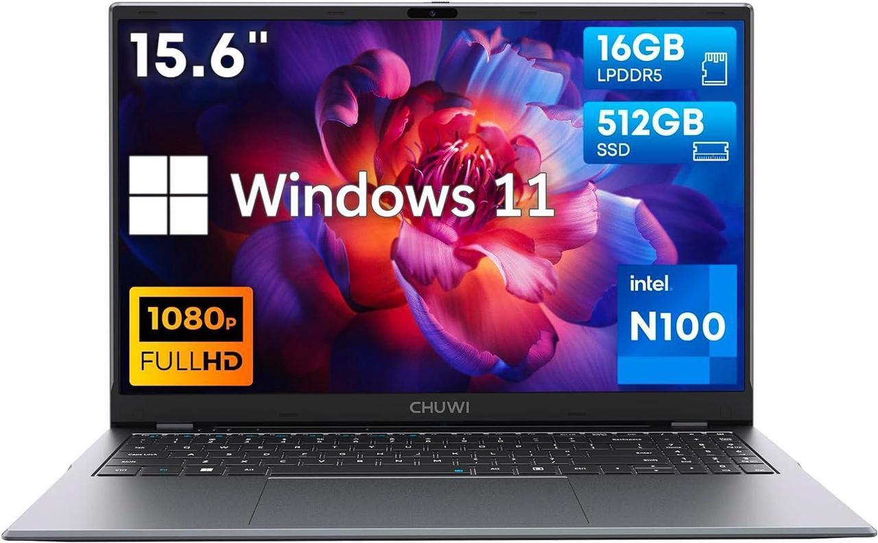 CHUWI 15.6'' GemiBook Plus Laptop Computer, Windows 11 Laptop 12th Gen Intel Alder Lake N100 (Up to 3.4GHz) 16GB RAM 512GB SSD PCIE, 1920X1080 HD Display Ultra Thin Laptop,HDMI/WiFi6/BT5.2/Webcam/38WH