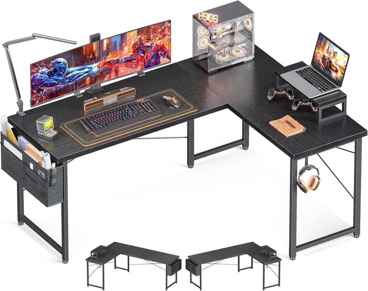 Main image of Casaottima L Shaped Computer Desk with Storage Bag, 57.5 Inch Reversible Gaming Desk, Home Office Corner Desk with Monitor Shelf, Space-Saving Writing Workstation Desk, Easy to Assemble, Black
