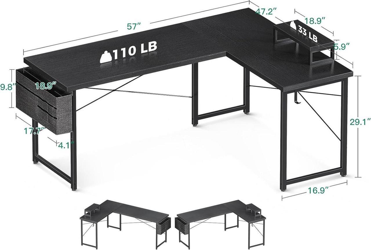 Alt view image 3 of 7 - Casaottima L Shaped Computer Desk with Storage Bag, 57.5 Inch Reversible Gaming Desk, Home Office Corner Desk with Monitor Shelf, Space-Saving Writing Workstation Desk, Easy to Assemble, Black