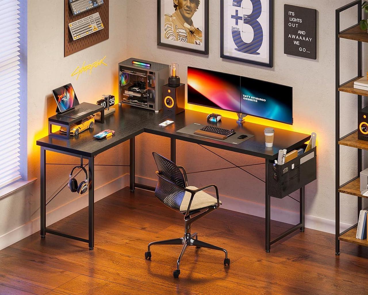 Alt view image 2 of 7 - Casaottima L Shaped Computer Desk with Storage Bag, 57.5 Inch Reversible Gaming Desk, Home Office Corner Desk with Monitor Shelf, Space-Saving Writing Workstation Desk, Easy to Assemble, Black