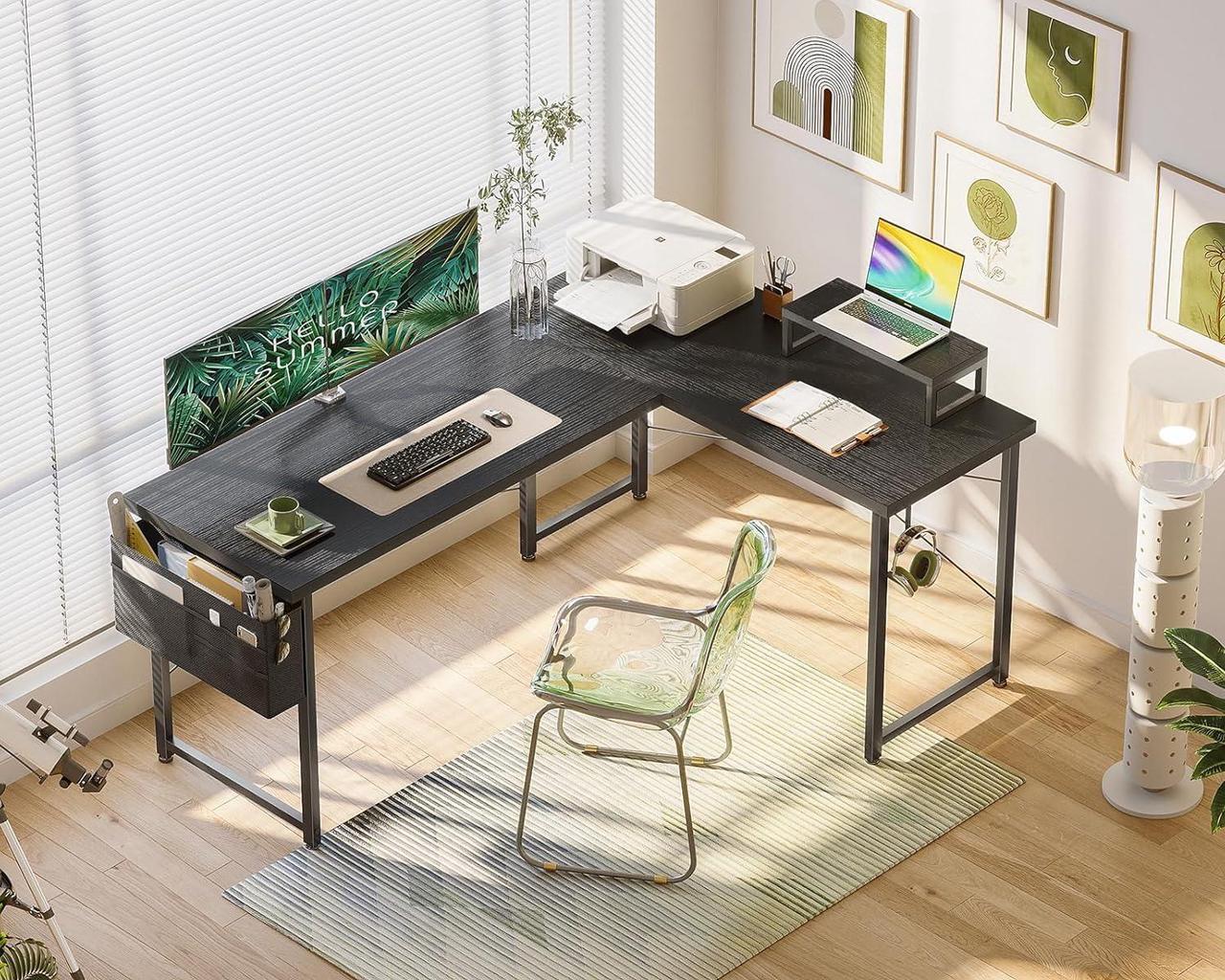 Alt view image 6 of 7 - Casaottima L Shaped Computer Desk with Storage Bag, 57.5 Inch Reversible Gaming Desk, Home Office Corner Desk with Monitor Shelf, Space-Saving Writing Workstation Desk, Easy to Assemble, Black