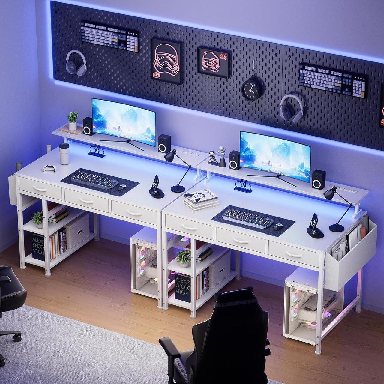 Alt view image 2 of 7 - 47 Inch Computer Desk with 3 Drawers, Gaming Desk with LED Lights and Adjustable Monitor Stand, Work from Home, Modern Work/Writing/Study Table for Bedroom