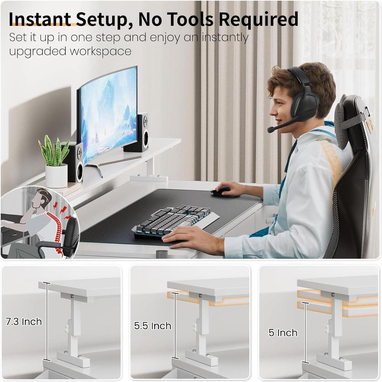 Alt view image 5 of 7 - 47 Inch Computer Desk with 3 Drawers, Gaming Desk with LED Lights and Adjustable Monitor Stand, Work from Home, Modern Work/Writing/Study Table for Bedroom