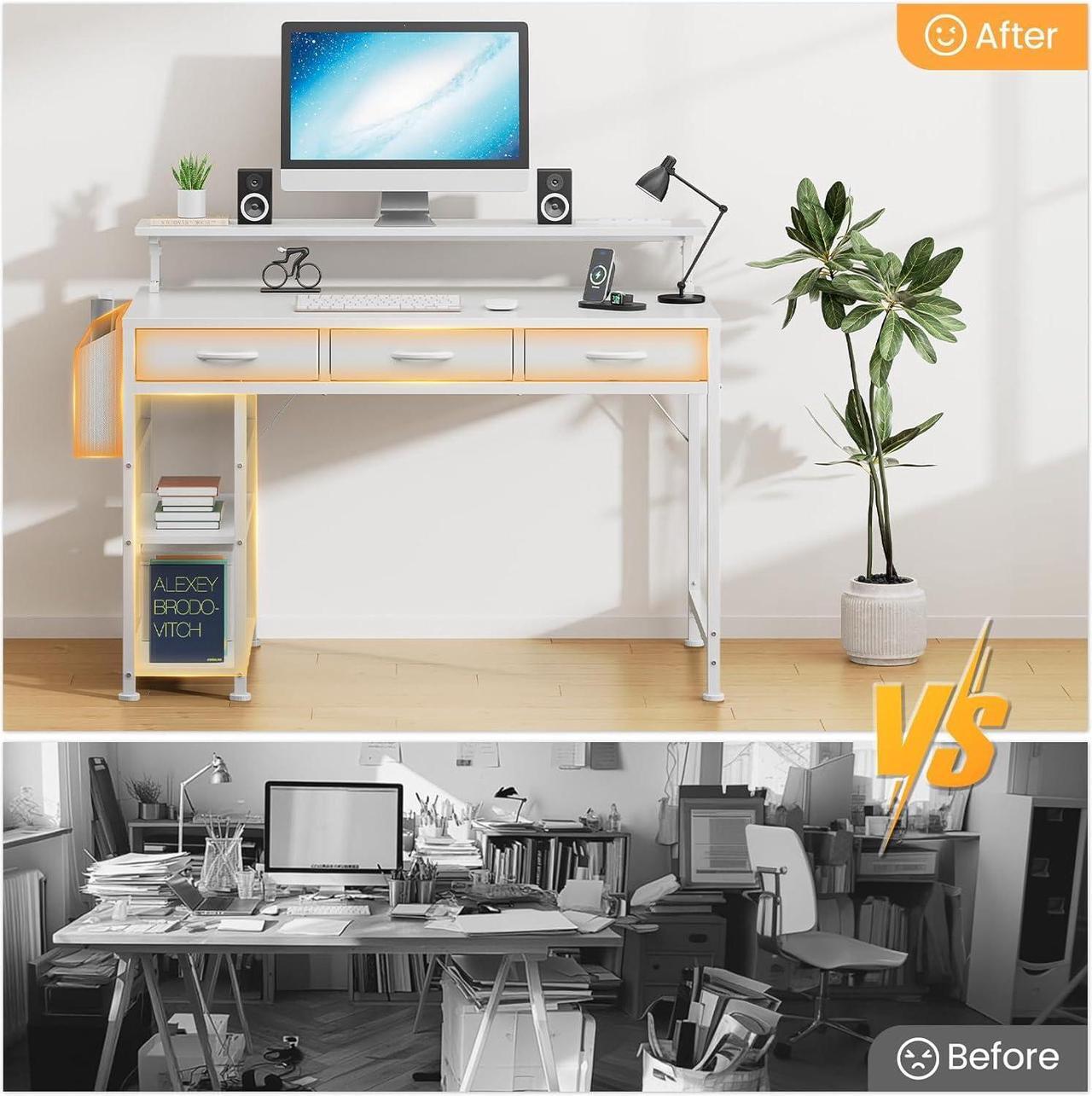 Alt view image 4 of 7 - 47 Inch Computer Desk with 3 Drawers, Gaming Desk with LED Lights and Adjustable Monitor Stand, Work from Home, Modern Work/Writing/Study Table for Bedroom