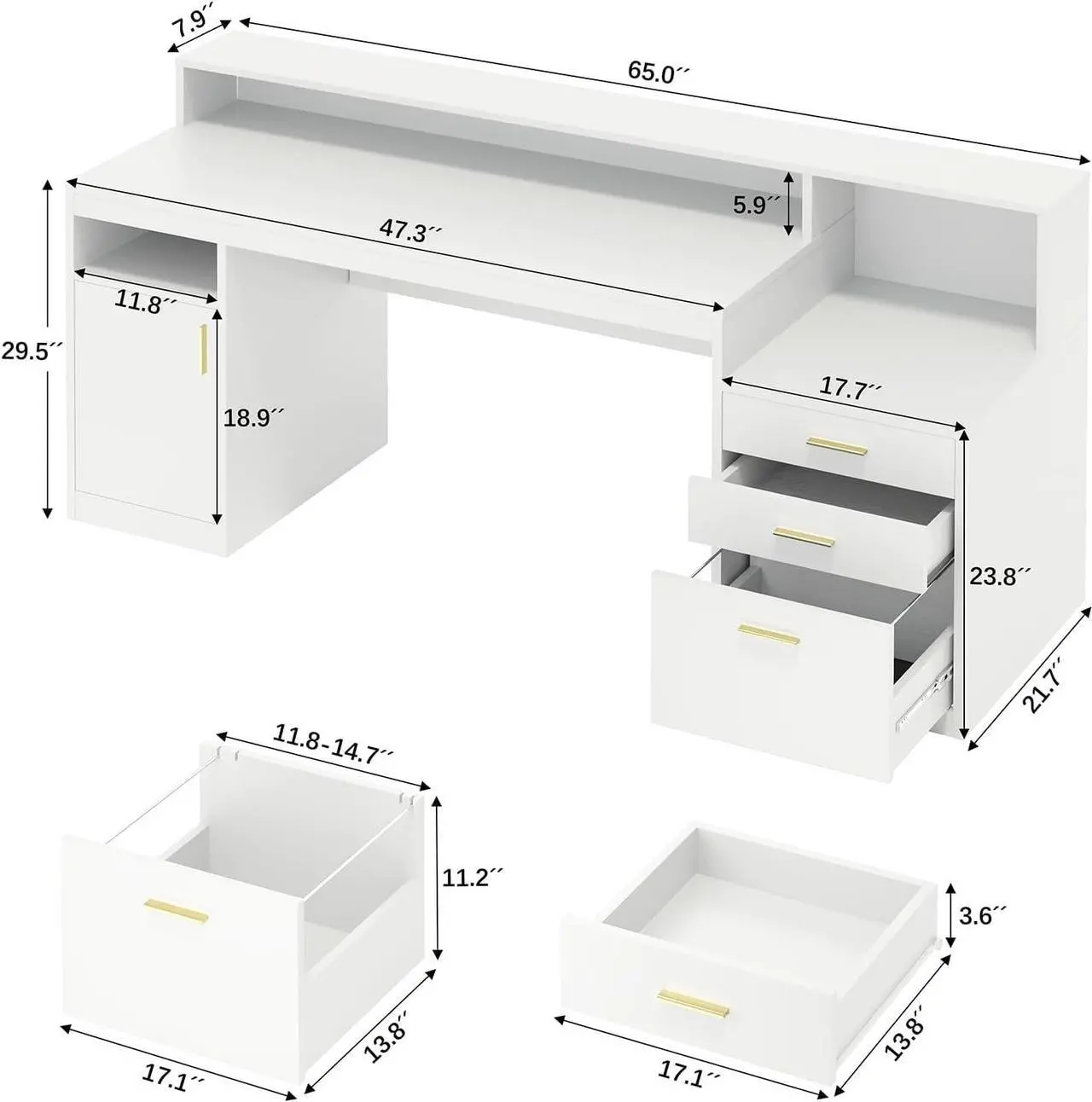 Alt view image 2 of 7 - Computer Desk with 3 Drawer & Storage Shelves, Home Office Desk with File Drawer & Cabinet, Writing Study Table with Long Monitor Stand & Printer Shelf, Executive Desk, White