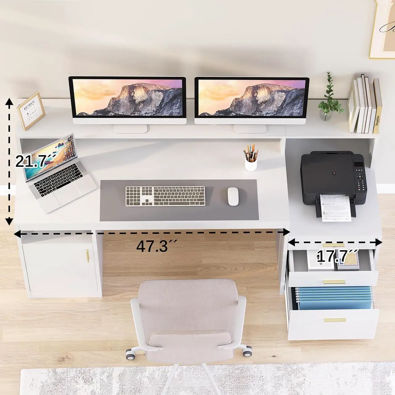Alt view image 4 of 7 - Computer Desk with 3 Drawer & Storage Shelves, Home Office Desk with File Drawer & Cabinet, Writing Study Table with Long Monitor Stand & Printer Shelf, Executive Desk, White