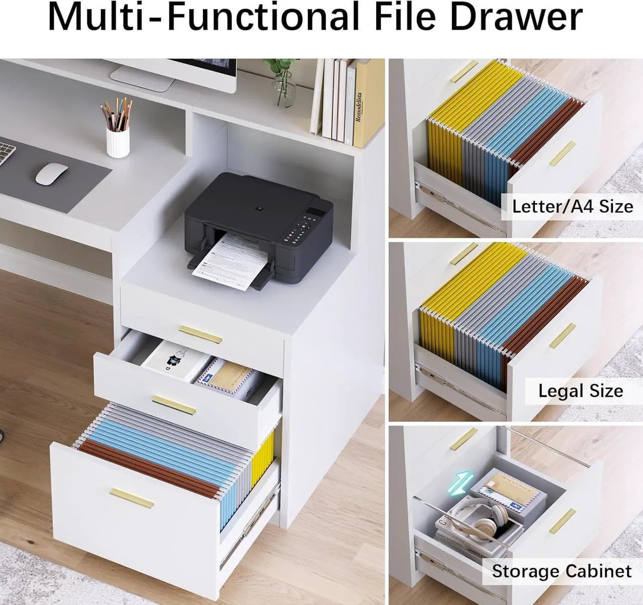 Alt view image 5 of 7 - Computer Desk with 3 Drawer & Storage Shelves, Home Office Desk with File Drawer & Cabinet, Writing Study Table with Long Monitor Stand & Printer Shelf, Executive Desk, White