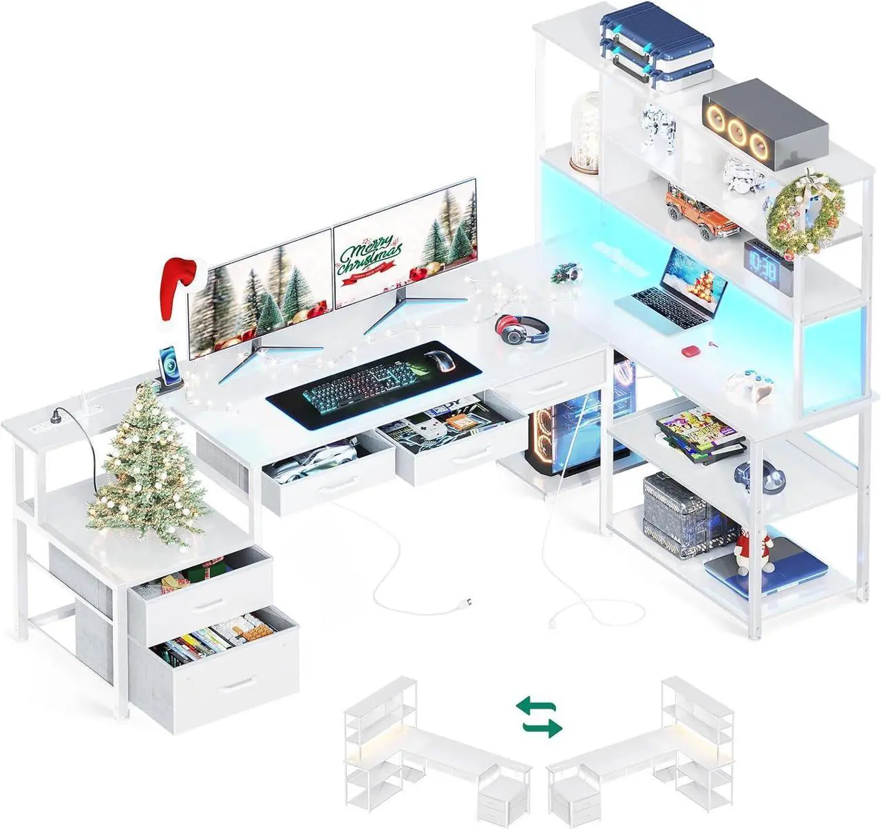 Main image of AODK 79 inch L Shaped Desk with File Drawers, Reversible L Shaped Gaming Desk with Power Outlets & LED Lights, Computer Desk with Storage Shelves for Home Office, White