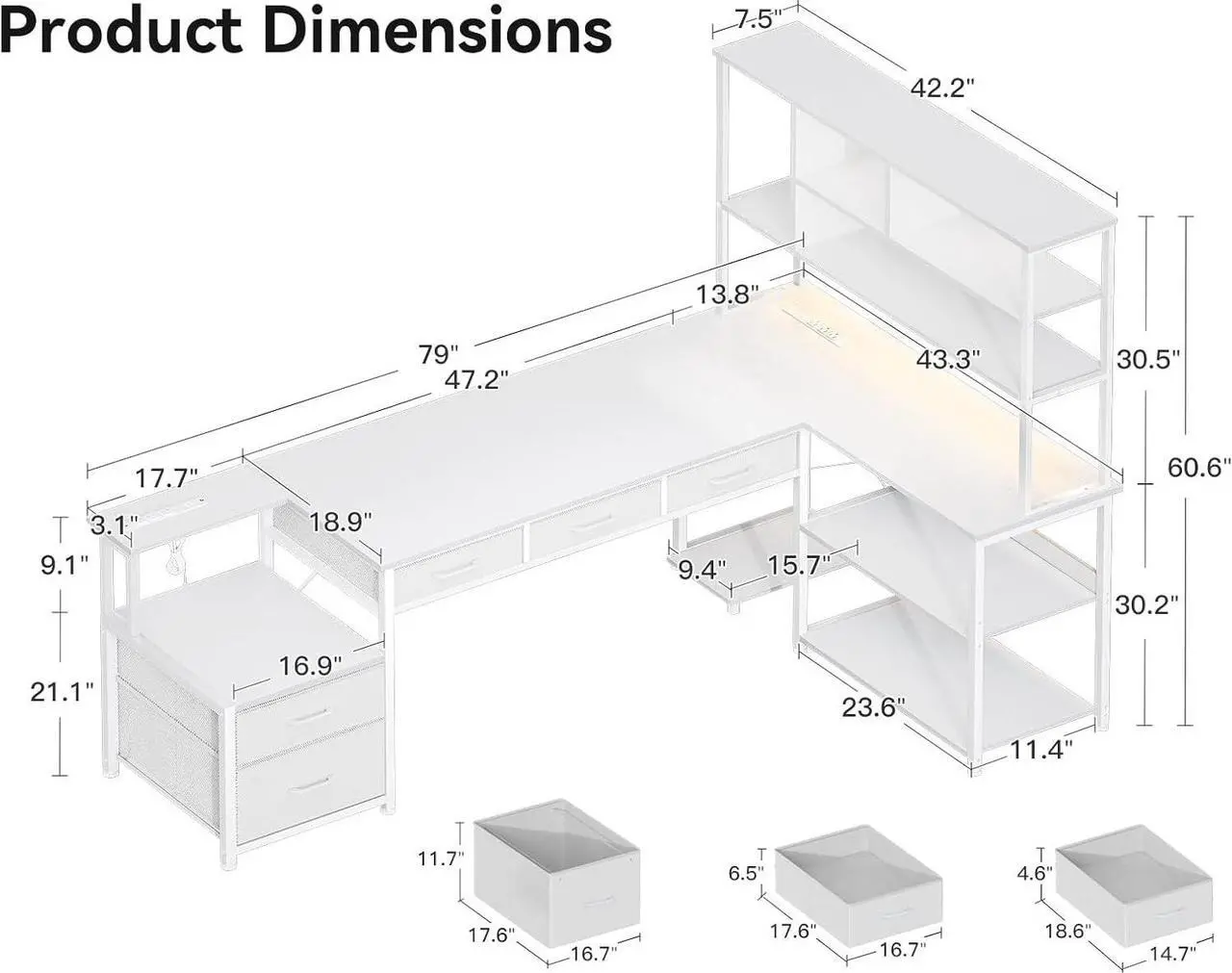 Alt view image 2 of 7 - AODK 79 inch L Shaped Desk with File Drawers, Reversible L Shaped Gaming Desk with Power Outlets & LED Lights, Computer Desk with Storage Shelves for Home Office, White