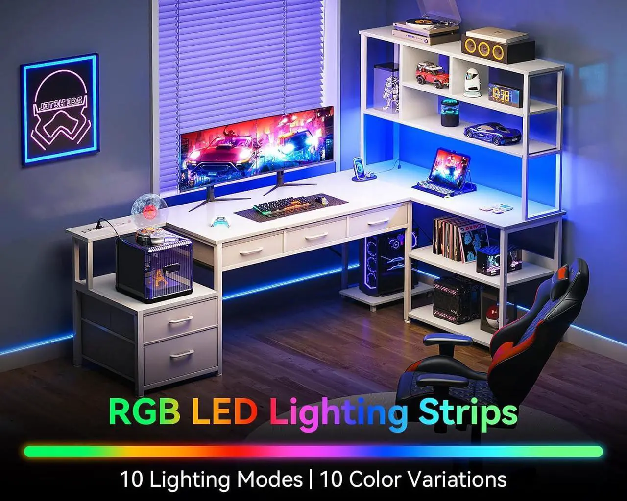 Alt view image 3 of 7 - AODK 79 inch L Shaped Desk with File Drawers, Reversible L Shaped Gaming Desk with Power Outlets & LED Lights, Computer Desk with Storage Shelves for Home Office, White