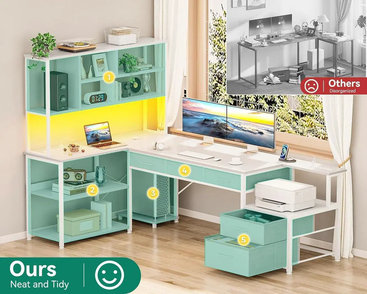 Alt view image 7 of 7 - AODK 79 inch L Shaped Desk with File Drawers, Reversible L Shaped Gaming Desk with Power Outlets & LED Lights, Computer Desk with Storage Shelves for Home Office, White
