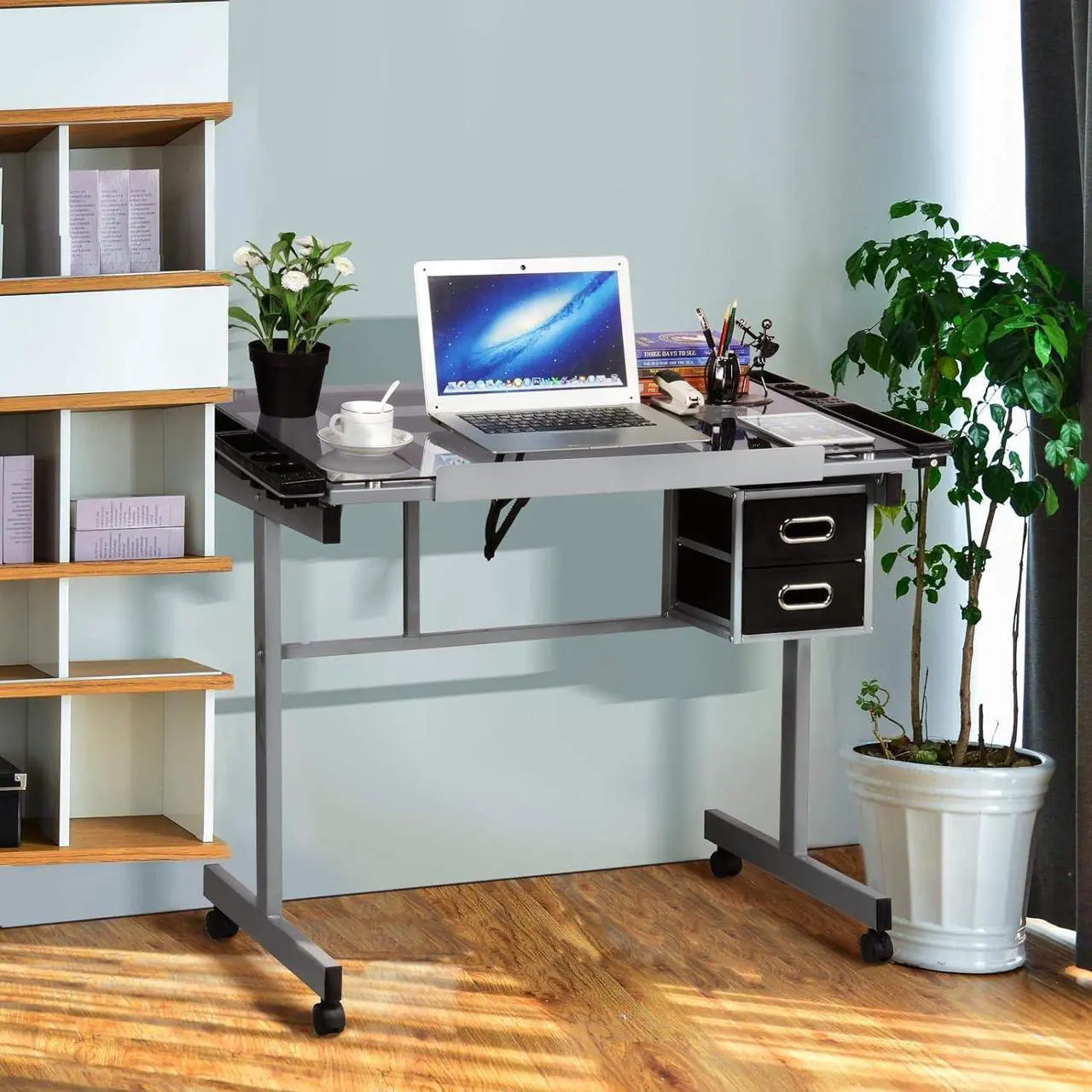 Alt view image 2 of 7 - Yaheetech Drawing Desk Adjustable Glass Drafting Study Table for Diamond/Versatile Art Craft Station w/ 2 Slide Rolling Wheels and Drawers for Artist Painters Home Office