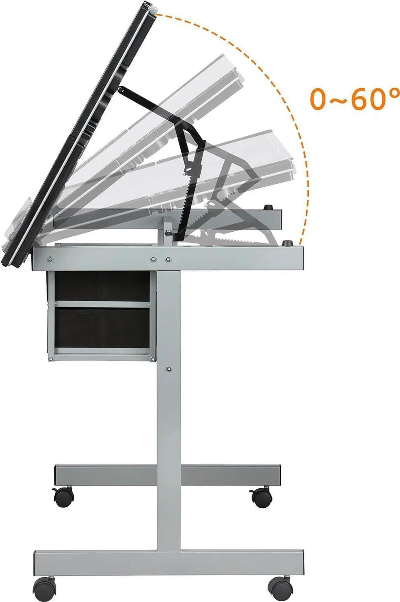Alt view image 5 of 7 - Yaheetech Drawing Desk Adjustable Glass Drafting Study Table for Diamond/Versatile Art Craft Station w/ 2 Slide Rolling Wheels and Drawers for Artist Painters Home Office